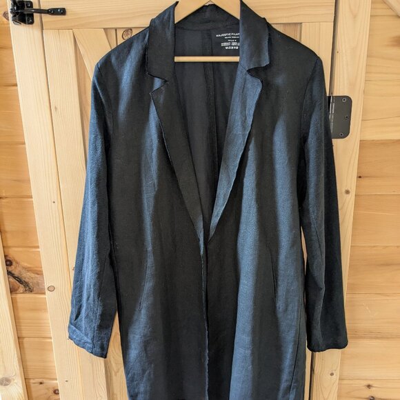 Majestic Filatures Raw Edge Linen Open Front Blazer Black Long Jacket Size 4 - Picture 1 of 9